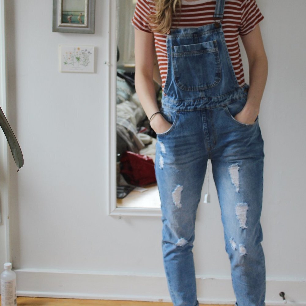 Forever 21 Blue Distressed Denim Overalls Cottagecore Boho Farmhouse Chic